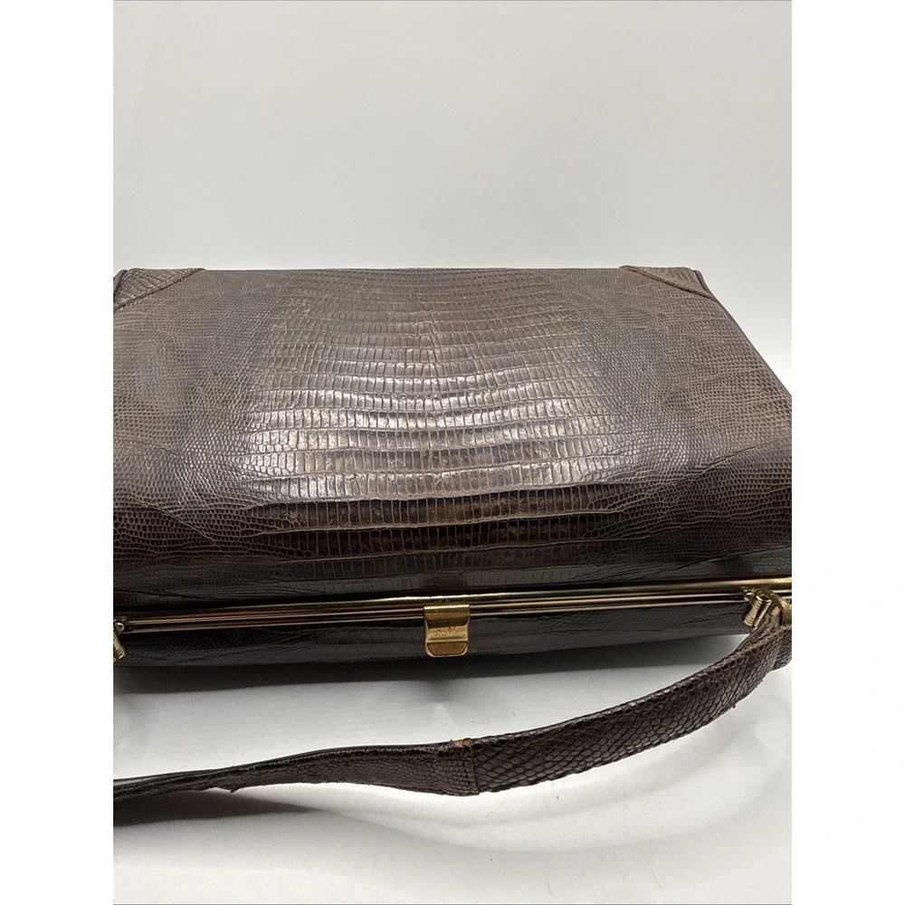 Vintage 1950's Alligator Lizard Brown Hand Bag Purse Gold Accents